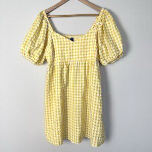 Butter Yellow Gingham Puff Sleeve Mini Dress Womens Size Medium‎ Cottagecore